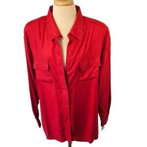 80s 90s Basic Editions Red Rayon Man-Tailored Shirt Womens L Chest Pockets NWT